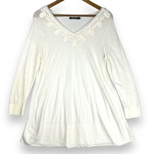 NIC+ZOE Wisteria Sweater Crochet Trim Linen Blend Knit White Lightweight Beach L